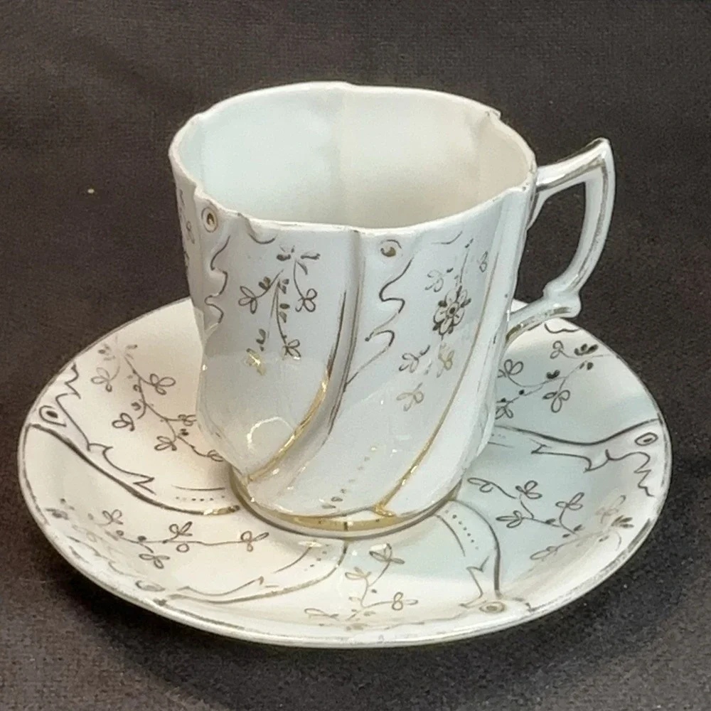 Antique‎ Victorian Spiral Swirl Porcelain Teacup Saucer Gold Gilt Floral Tea Cup